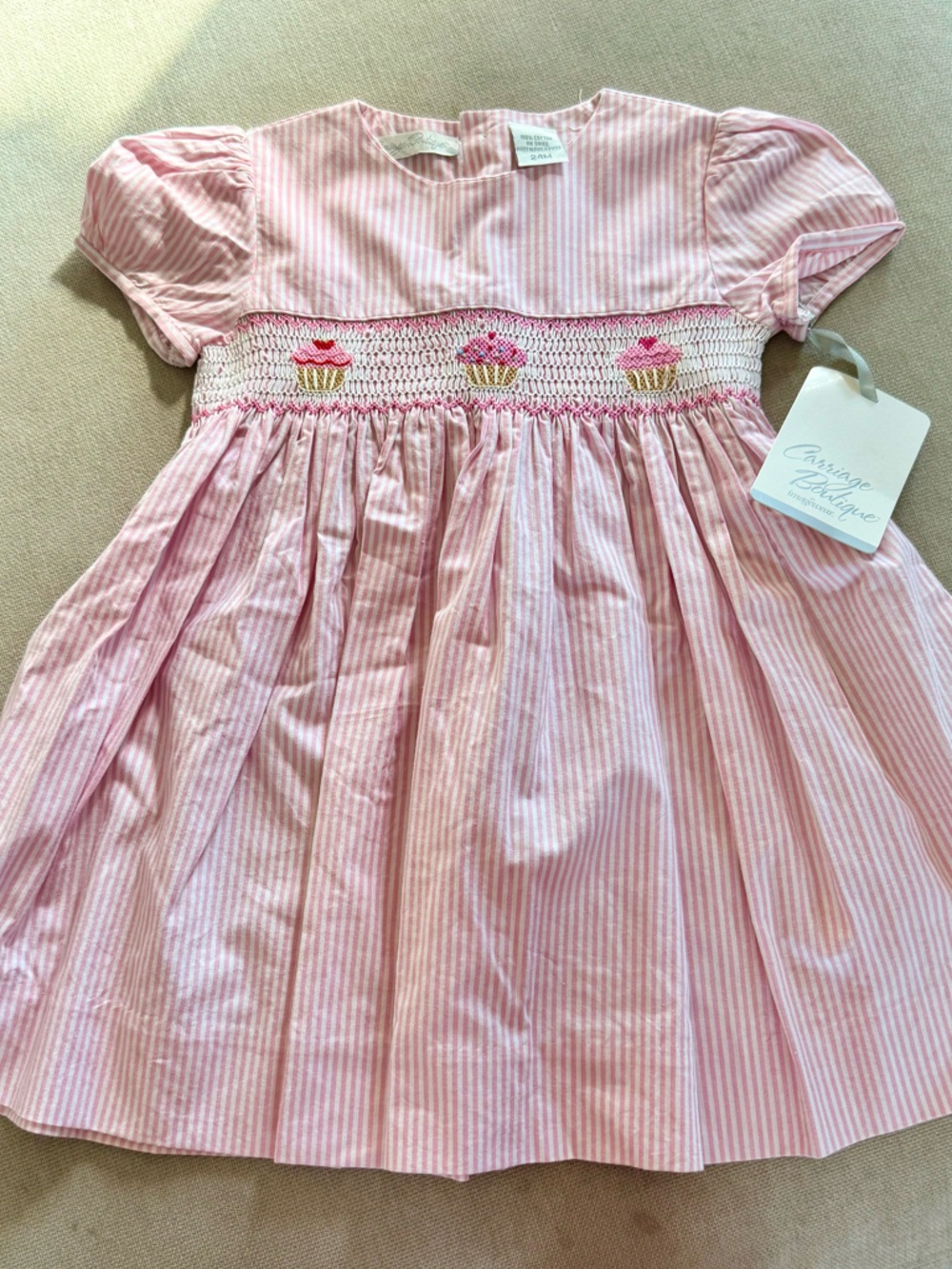 NWT Carriage Boutique Pink Seersucker Smocked Dress with Cupcake Embroidery
